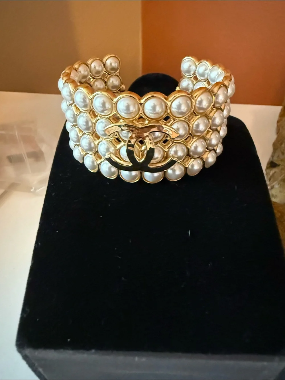 CHANEL Gold-Tone Pearl Multirow Cuff Bracelet